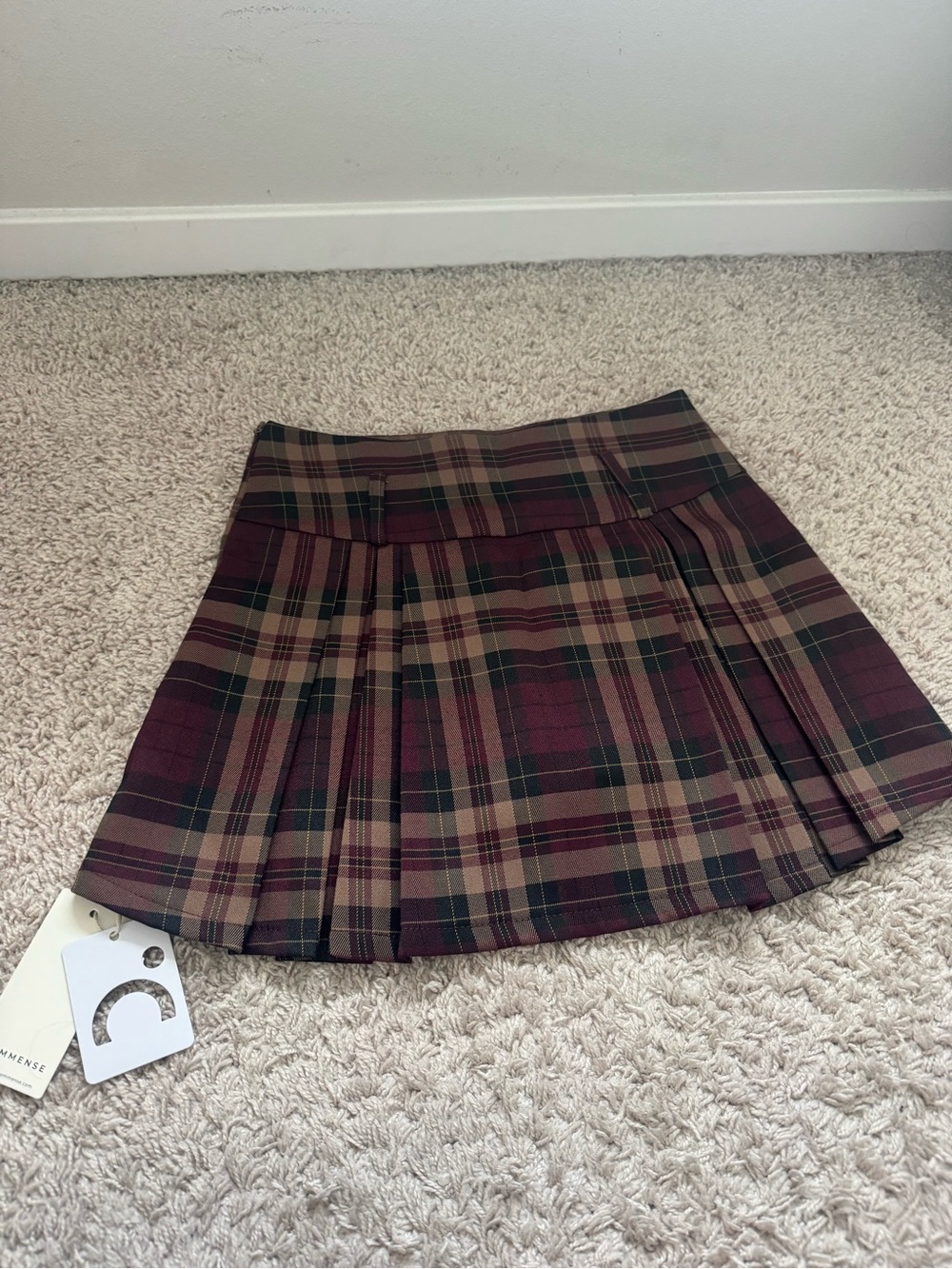 Commense Burgundy and Forest Plaid Pleated Mini Skirt